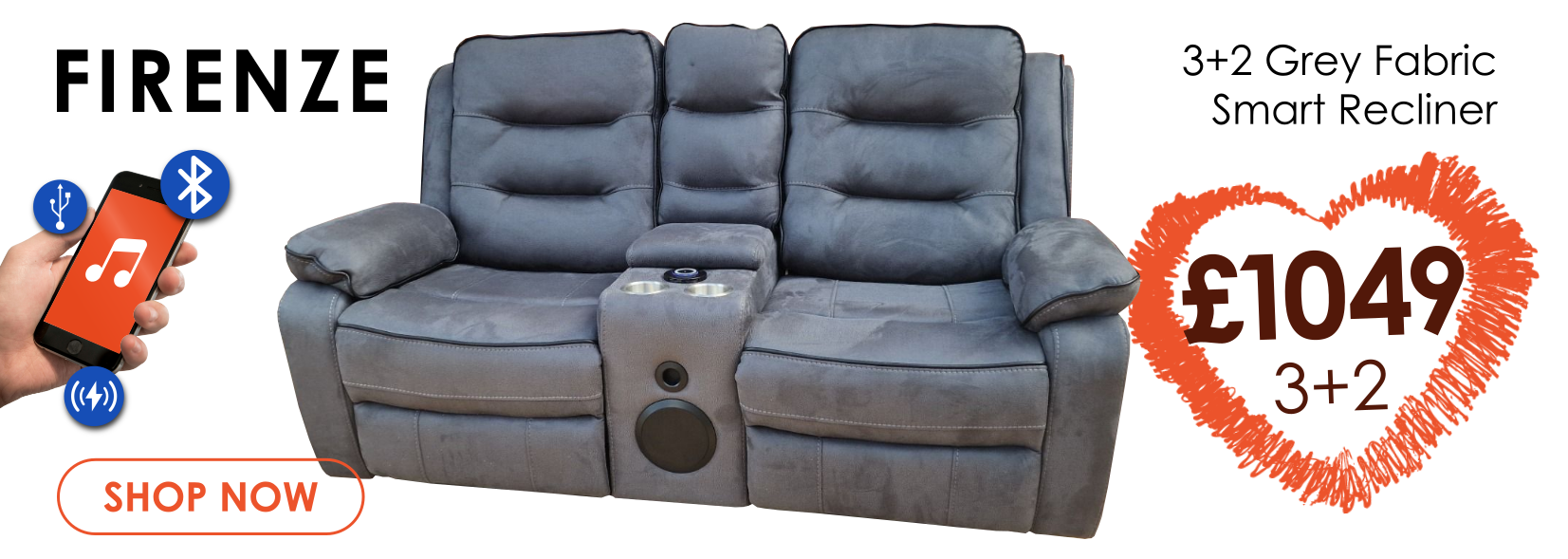 Firenze 3+2 smart recliner in grey fabric with features including wireless charging dock, storage, bluetooth, speakers, cup holders and more