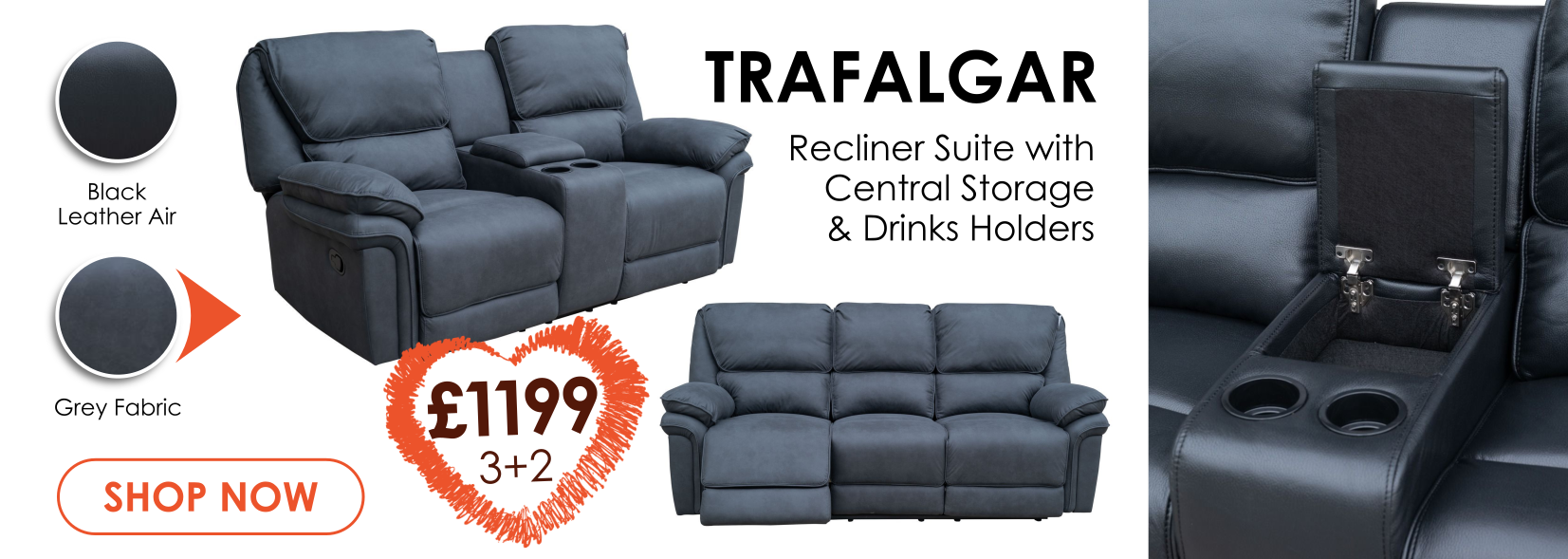 Trafalgar 3+2 recliner suite with console available in grey fabric or black leather air