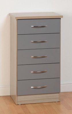 Nevada 5 Drawer Narrow Chest - Grey Gloss / Light Oak