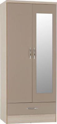 Nevada MIRRORED 2 Door 1 Drawer Wardrobe - Oyster Gloss