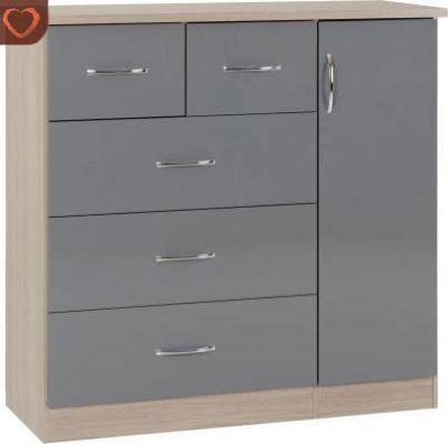 Nevada 5 Drawer Low Wardrobe - Grey Gloss/Light Oak Effect