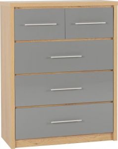 Seville 3+2 Drawer Chest - Grey High Gloss / Light Oak Effect