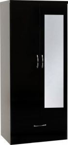 Nevada MIRRORED 2 Door 1 Drawer Wardrobe - Black Gloss